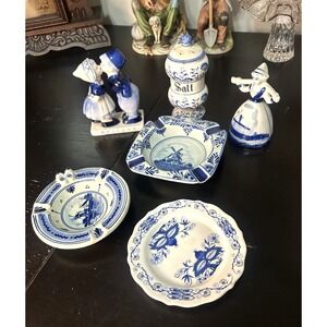 Lot of Delft Blue Porcelain Dutch 6 Pieces, Kissing, Ashtrays, Girl, Plate